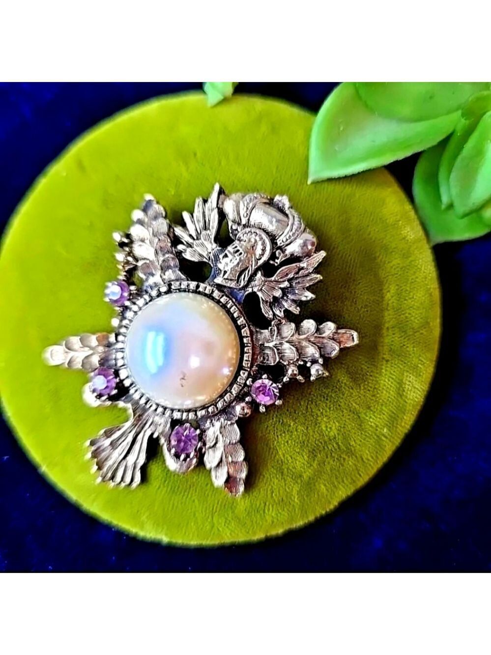 Vintage Estate Gold Tone Faux Pearl Glass Rhinestones Heraldic Brooch 2"L×1.5W
